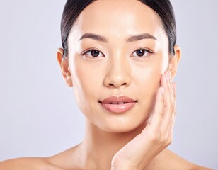 Young woman with flawless skin in a clean beauty studio setting