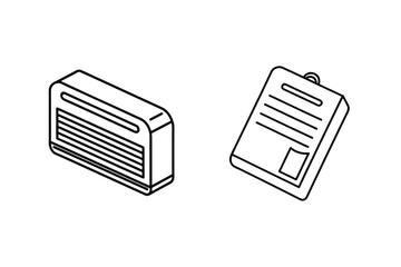 Isometric sketch of an air conditioner and clipboard on a pure white background
