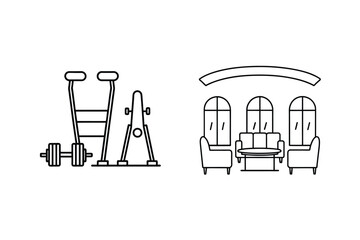 Vector illustration of gym equipment and lounge area minimalist black line art