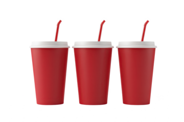 Three red cups with straws on white background