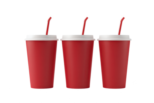 Three red cups with straws on white background