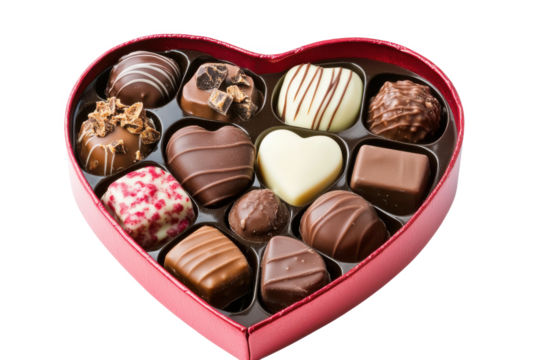Heart shaped chocolates box present on white background