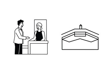 Minimalist line art illustration of service counter conversation and architectural symbol