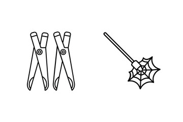 Simple outline illustrations of clothespins and a halloween spiderweb decoration on white background