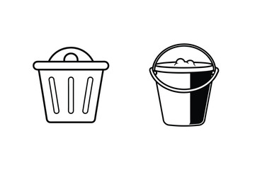 Simple black and white illustration of trash can and cleaning bucket isolated on white