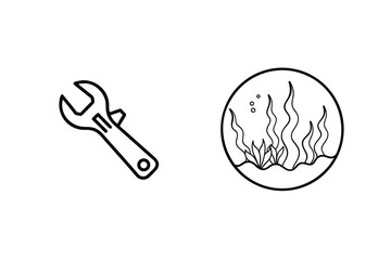 Conceptual black and white illustration of a wrench and a seaweed underwater scene