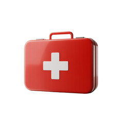 3D rendered image of a red first aid kit with a white cross symbol, representing emergency medical care