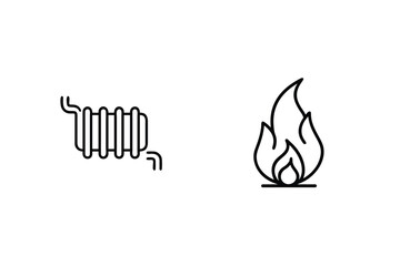 Black outline illustrations of coil and flame representing heat source and combustion
