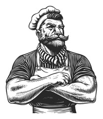 Detailed Black and White Engraving of a Strong Chef Character