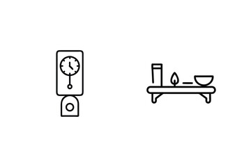 Minimalistic outline icons of a clock and a spa treatment arrangement on white