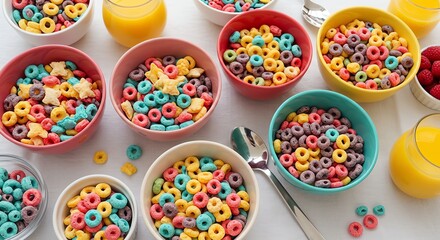 Colorful Cereal in Bowls with Orange Juice and Raspberries
