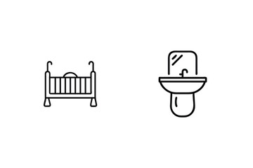 Simple line art illustrations of a baby crib and bathroom sink with mirror for design