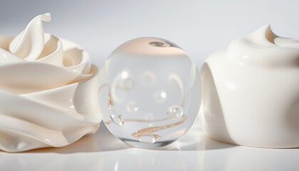 Clear Glass Oval with White Floral Sculptures in a Bright White Studio Still Life Arrangement