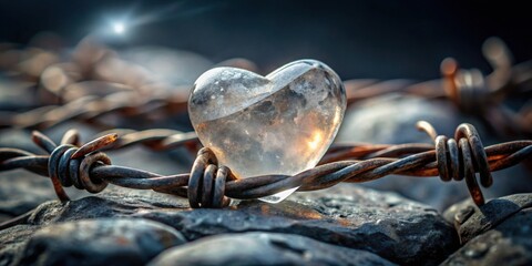 A frosted heart rests on weathered stones, entangled within rusty barbed wire, a poignant juxtaposition of fragility and resilience