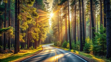 Sunlit Asphalt Path Winding Through a Lush Forest of Tall Trees at Dawn