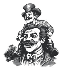 Vintage Engraving of a Clown and Child Illustration with Joyful Themes