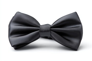 A black bow tie is tied in a knot. The bow tie is made of a shiny material and is sitting on a white background