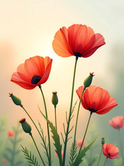 Fototapeta premium delicate depiction vibrant poppies sways gently soft focus warm sunlight illuminating petals softly