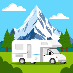 Motorhome, Campervan or RV in a campsite below a mountain, vacation or adventure concept