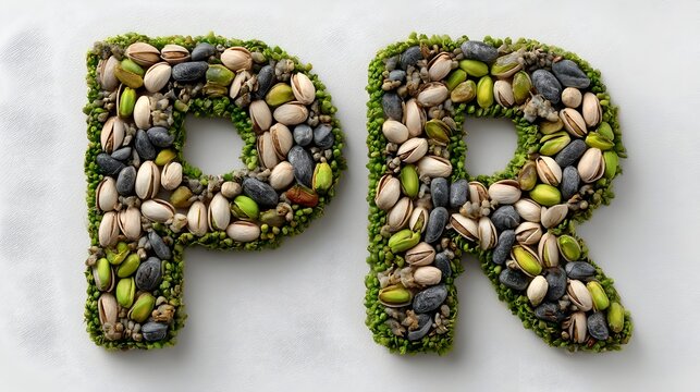 The letters PR are creatively formed using pistachios and other nuts on a bright white background.