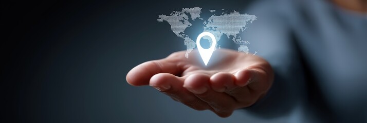 A hand holding a globe with a small white dot on it. The globe is surrounded by a blue background