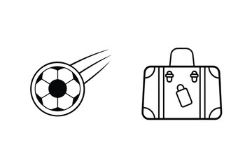 Football travel concept with soccer ball and suitcase icon in modern black and white outline