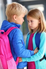 Obraz premium Two children face off in a schoolyard, showcasing tension and youthful emotions