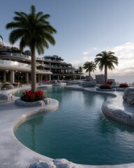 Fototapeta premium Winding teal pool with rock formations and red flowers near palm trees and multi-story building under clear blue sky