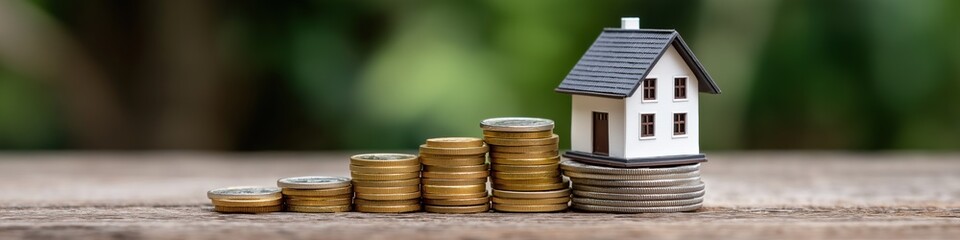 A stack of coins on top of a house. The coins are gold and the house is white