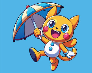 Naklejka premium Cute Cartoon Yellow Cat Character Holding Umbrella on Blue Background