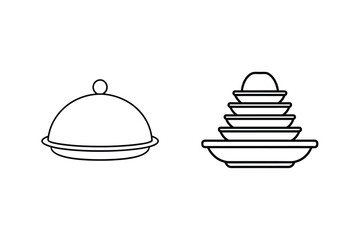 Simple black and white outline illustration of covered dish and stacked plates