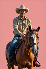Fototapeta premium Confident cowboy riding chestnut horse against vibrant pink backdrop showcasing equestrian flair and Western style, capturing outdoor spirit