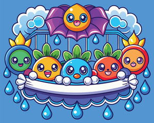 Kawaii Rainy Fruit Characters with Umbrella and Cloud Banner