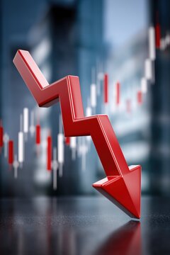 A red arrow pointing down on a black surface. Concept of decline or decrease