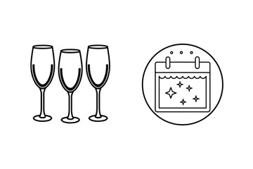 Festive celebration elements illustration featuring champagne flutes and a sparkling calendar icon