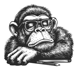 Thoughtful Monkey with Glasses Engraved Drawing Line Art Design