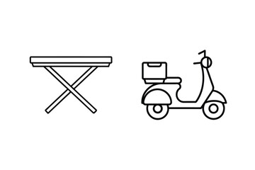 Minimalist outline drawing of a folding table and delivery scooter vector illustration