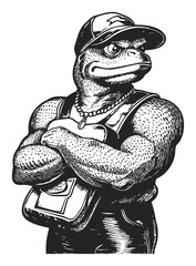 Naklejka premium Detailed Engraving of Strong Anthropomorphic Creature with Cap