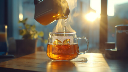 Pouring tea into an infuser in a glass cup on wood table in a calm and relaxing tea moment