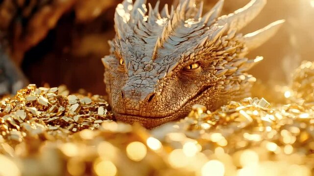 Majestic dragon resting on a treasure hoard under shimmering sunlight in a fantasy realm