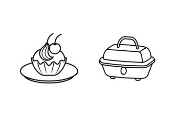 Outline drawing of a cupcake and a portable bbq grill icon on white background