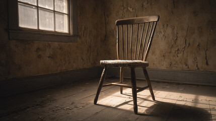 Empty wooden chair with vintage picture placed on seat in quiet room, conveying solitude, nostalgia and emotional memories of missing someone special.