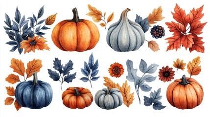 Autumn harvest clipart set with gourds, maple leaves, and cozy fall botanicals 