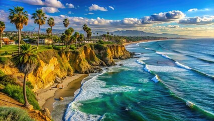 Stunning coastal view of california beach with palm trees cliffs and blue ocean water