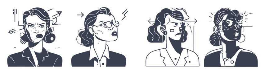 Fototapeta premium Four Illustrations of Modern Minimalist Female Expressions in Black and White