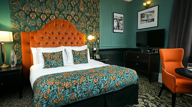 Stylish hotel bedroom with vibrant d?cor