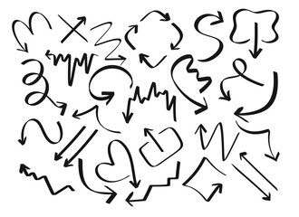 This image shows a collection of hand-drawn arrows in various shapes and directions on a black background. The arrows are white with a soft shadow, giving a 3D look.