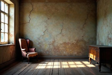 Cracked walls, shadowed room, antique furniture, unsettling, broken