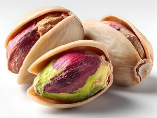 Three delicious roasted pistachios ed open showing vibrant green and red kernels on a white background.