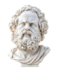 A detailed marble bust of a bearded, older man with curly hair, wearing a simple draped garment
